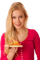 Woman with slice of delicious pizza, can't wait to bite in it.