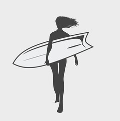Silhouette of a girl with a surfboard. Black and white
