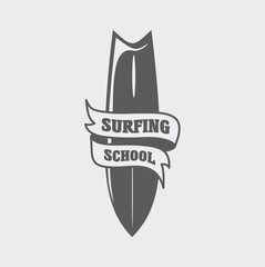 Vintage Surfing school Emblem or logo with ribbon