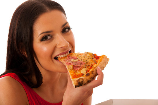 Smiling woman holding delicious pizza in carton box.