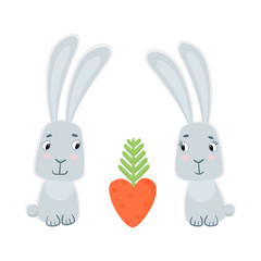 Funny cute bunnies and carrots isolated on white background