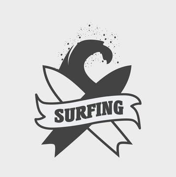 Surfing club logo, label or sign design concept with wave and surfboard