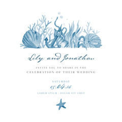 Marine wedding invitation. Vector template.