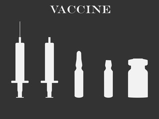 Syringe and vials. Syringe and ampules. Vaccine. Set icons in line style. Vector.