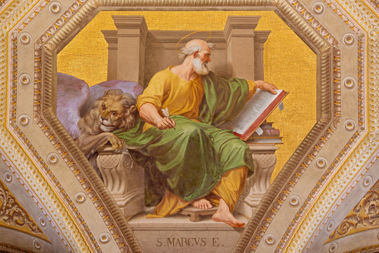 Rome - The fresco of St. Mark the Evangelist in church Chiesa di Santa Maria in Aquiro by Cesare Mariani from (1826 - 1901 in neo-mannerist style.