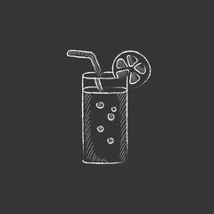 Glass with drinking straw. Drawn in chalk icon.