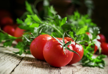 Wet red tomatoes, herbs, close-up shot, shallow depth of field,