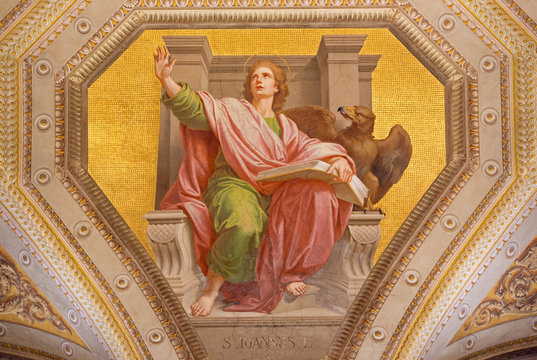 Rome - The fresco of St. John the Evangelist in church Chiesa di Santa Maria in Aquiro by Cesare Mariani from (1826 - 1901 in neo-mannerist style.