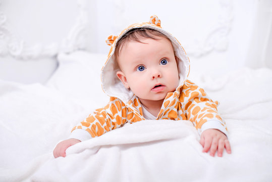 Portrait of a cute 4 months baby lying down on a blanket
