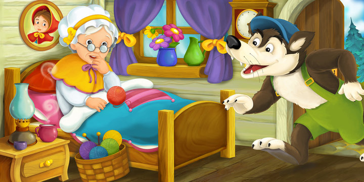 Cartoon scene of a wolf coming in to the house of an old woman - illustration for children
