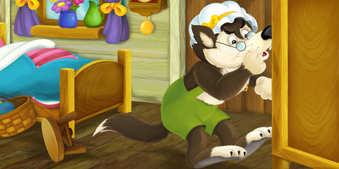 Cartoon scene wolf in the old wooden room - illustration for children © agaes8080