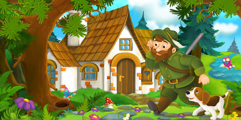 Obraz na płótnie Canvas Cartoon scene with a hunter walking towards beautiful old house with his dog - illustration for children