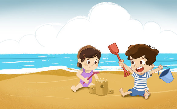 Niños en la playa jugando en la arena. Hacen castillos de arena.
