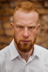 portrait of serious young red hair man with beard