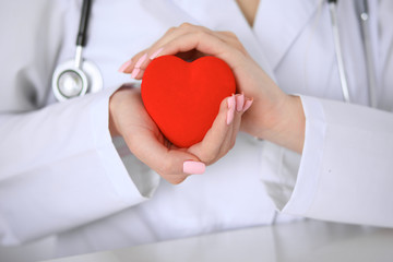 Female doctor with stethoscope holding heart.  Patients couple sitting in the background