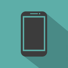 Mobile flat style icon with shadow on a green background, vector illustration