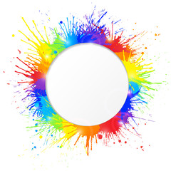 Colorful paint splashes frame with round cutout for text. Vector illustration.