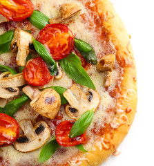 Delicious tasty pizza with vegetables, isolated on white