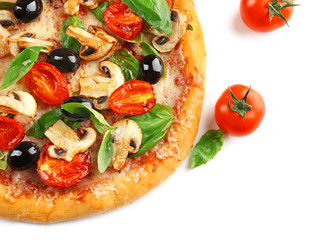 Delicious tasty pizza with vegetables, isolated on white