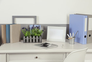 Stylish workplace at home, closeup