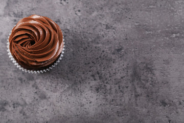 Chocolate cupcake on grey background