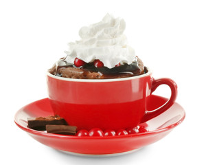 Mug cake with cranberry and chocolate isolated on white