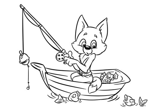 Cat fisherman boat cartoon illustration