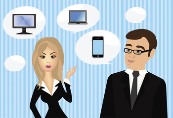 vector image of business people with various thought bubbles.