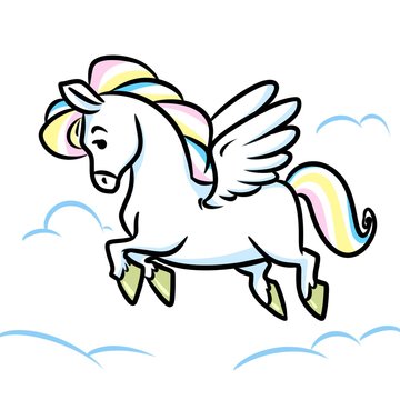 Horse Pegasus flying clouds cartoon illustration animal character

