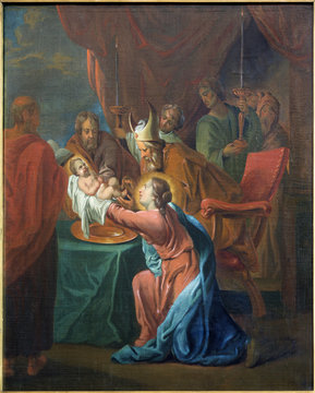 BRUGGE, BELGIUM - JUNE 12, 2014: The Presentation of Jesus in the Temple paint by Jan van den Kerckhove 1707 in st. Jocobs church (Jakobskerk)