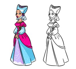 Fairy Tale medieval dress cartoon illustration contour illustration