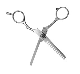 Professional metal scissors in open position isolated on white