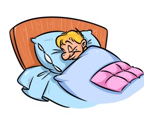 Man sleeps bed cartoon illustration isolated image