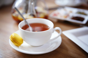 Cup of tea on table in cafe or restaurant