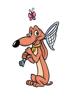 Dachshund dog and butterflies cartoon character illustration
