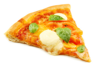 Margherita pizza slice, isolated on white