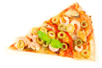 Pizza slice with seafood, red pepper and green olives, isolated on white