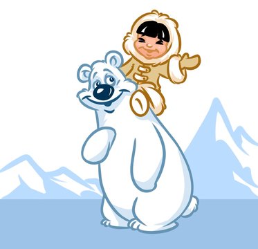 North Pole polar bear Eskimo boy cartoon illustration