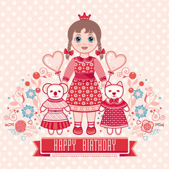 Fototapeta premium Happy birthday - greetings card for girl . Illustration of cute little princess.