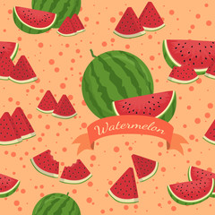Seamless pattern vector illustration of watermelon fruit in orange background.