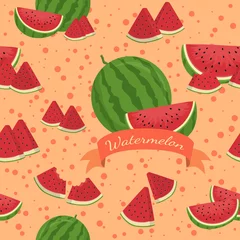 Fotobehang Seamless pattern vector illustration of watermelon fruit in orange background. © anitnov