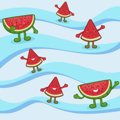 Vector illustration of cute watermelon mascot standing on wave and blue background.