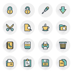 Office icons. Contour lines with color fills. Flat design.