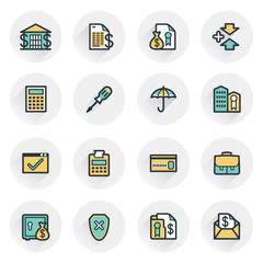 Banking icons. Contour lines with color fills. Flat design.