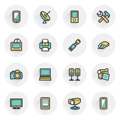 Electronics icons. Contour lines with color fills. Flat design.