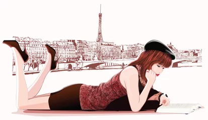 Foto auf Acrylglas Young pretty girl reading in Paris © Isaxar