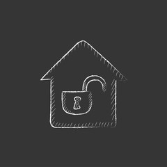 House with open lock. Drawn in chalk icon.