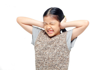 asian girl covering her ears with hands.