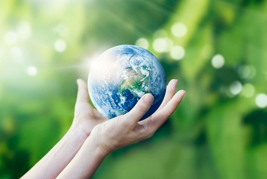 Hands holding and protecting earth on nature background