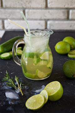 Cold lemonade with lime, cucumber and rosemary 
